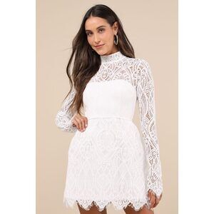 Gorgeous Attraction White Lace Structured Long Sleeve Mini Dress